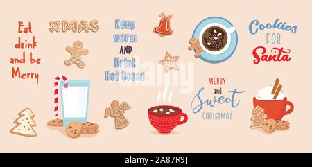 Ensemble de boissons d'hiver, les expressions et les biscuits au gingembre. Ensemble d'hiver pour Noël ou Nouvel An. Illustration de Vecteur