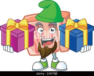 La viande dans le caractère Cartoon mascot apporter deux cadeaux Illustration de Vecteur
