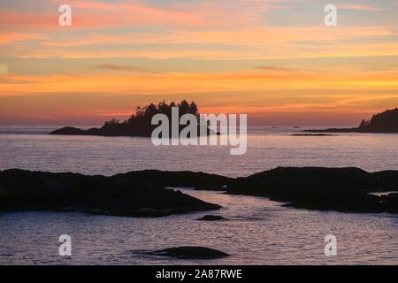 Tofino, Kanada. 05 Sep, 2014. 05.09.2014, Canada, Tofino, côte de Tofino, Vancouver Island, coucher de soleil, les roches, les arbres, la mer, le Pacifique Nord, vue de l'île de Tonquin, photo : Snowfield, Photographie | Conditions de crédit dans le monde entier : dpa/Alamy Live News Banque D'Images