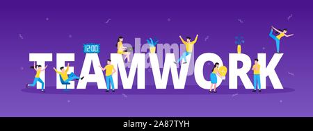 Gros caractères avec mot d'équipe et les petites gens qui travaillent ensemble. Résumé de la pente et de formes simples derrière télévision stile vecteur conception illus Illustration de Vecteur