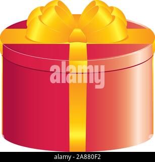 Boîte cadeau ronde de couleur rouge avec l'archet d'or sur fond blanc. Illustration de Vecteur