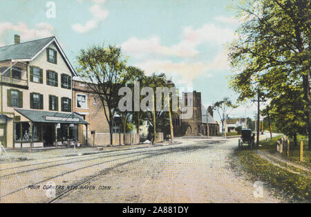 Vintage poster couleur de carte dans les quatre coins, New Haven, Connecticut USA ca 1910, rue avec les voies de tramways et d'une église Banque D'Images