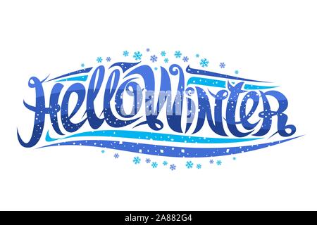 Carte de vœux vecteur pour la saison d'hiver, la police calligraphique bleu avec des flocons et éléments décoratifs, bannière horizontale avec swirly laissez branché Illustration de Vecteur