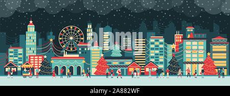 Ville colorée avec des lumières de Noël, les gens marchent dans la rue et bénéficiant d'ensemble l'ambiance de fête la nuit, maison de vacances et celebratio Illustration de Vecteur