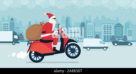 Père Noël contemporain offrant des cadeaux la veille de Noël, il est monté sur un cyclomoteur rouge et la conduite dans le trafic de la rue de la ville Illustration de Vecteur