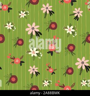 Fleurs de Noël modèle vectoriel continu. Télévision scandinave florals et les feuilles d'aluminium métallique fond rayé. La main élégante Illustration de Vecteur