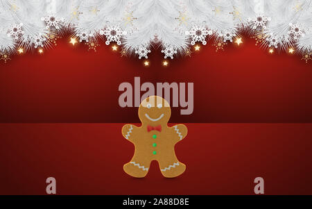 Carte de Noël coloré avec Gingerbread Man et Joyeux Noël sur fond rouge. Le rendu 3D. Banque D'Images