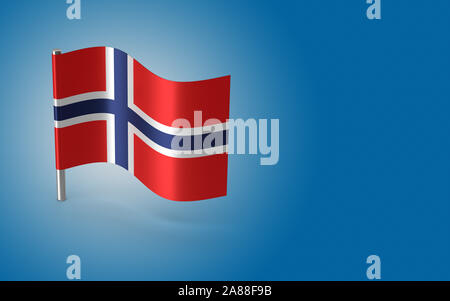 Petit pavillon norvégien sur un poteau de métal court. Le drapeau a joliment texture plastique détaillées sur un fond bleu. Le rendu 3D. Banque D'Images