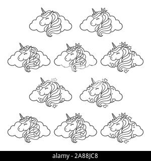 Jeu de têtes de licorne avec le cloud, les étoiles et les coeurs. Imprime pour les vêtements de bébé. Pépinière mignon dessin art. Vector illustration. Cute graphiques unicorn imprimer isol Illustration de Vecteur