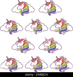 Jeu de têtes de licorne avec le cloud, les étoiles et les coeurs. Imprime pour les vêtements de bébé. Pépinière mignon dessin art. Vector illustration. Cute graphiques unicorn imprimer isol Illustration de Vecteur