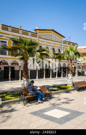 Homme assis et lisant sur un banc sur 14 de Septiembre Square avec la Farmacia Boliviana centre commercial dans l'arrière-plan, Cochabamba, Bolivie Banque D'Images