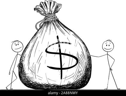 Vector cartoon stick figure dessin illustration conceptuelle de deux hommes d'affaires ou posant avec un gros sac ou sac de transport de l'argent avec le symbole du dollar. Illustration de Vecteur