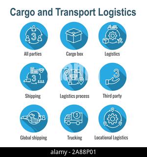 L'icône de la logistique set w bâtiments, de camionnage, d'expédition et les gens fort Illustration de Vecteur