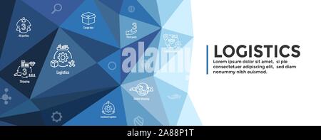 Icon Set logistique et web bannière d'en-tête w bâtiments, de camionnage, d'expédition et les gens fort Illustration de Vecteur