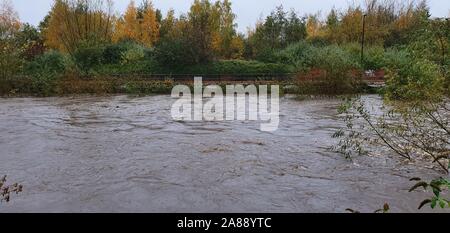 Sheffield, UK - 7 novembre 2019 : inondations de Sheffield et la rivière Don brise banques après de fortes pluies dans le sud du Yorkshire, UK. Banque D'Images