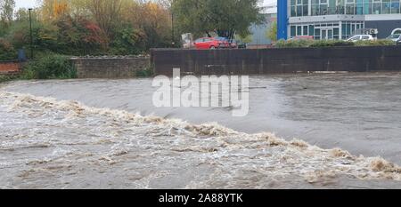 Sheffield, UK - 7 novembre 2019 : inondations de Sheffield et la rivière Don brise banques après de fortes pluies dans le sud du Yorkshire, UK. Banque D'Images