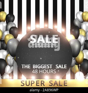 Vente promotion vecteur flyer, creative golden noir et argent brillant glitter, décoration ballons réaliste, coupon de réduction de luxe métallique de l'affiche. Illustration de Vecteur