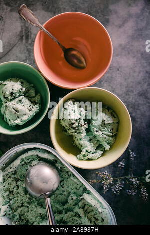 Bols de crème glacée aux pépites de chocolat à la menthe Banque D'Images