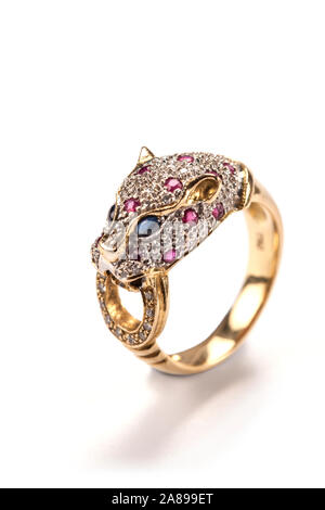 Diamant, rubis, saphir, yeux gemset tête Leopard bague en or. Banque D'Images