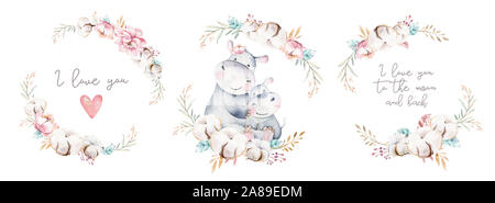Aquarelle cute cartoon illustration avec maman et bébé hippopotame mignon fleur, feuilles. La mère et l'enfant illustration design. Dessin enfant maman et tropicaux Banque D'Images