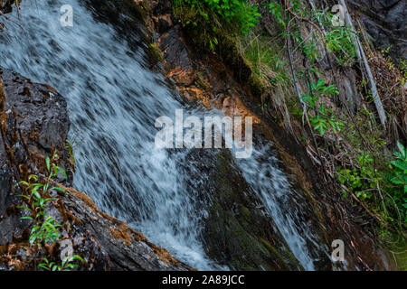 Cascade avec tronc d'arbre sur la rivière de montagne rapide Banque D'Images