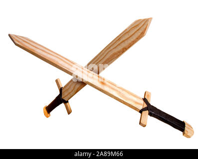 Deux épées en bois pour enfants difficiles à imiter l'escrime isolé sur fond blanc Banque D'Images