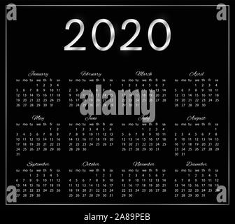 2020 Calendrier élégant sur fond noir. Illustration de Vecteur