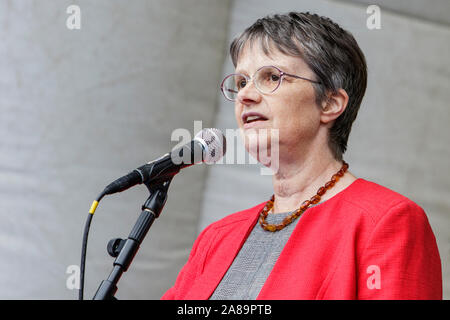 Bristol UK 14-10-17 Molly Scott Cato l'eurodéputé du Parti Vert pour le sud-ouest et de Gibraltar est photographié à parler à un pro de l'UE contre Brexit protester à Bristol Banque D'Images