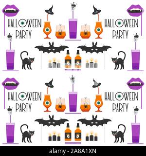 Halloween Party 2020 Vector illustration inscription Halloween party, verre, bouteille, spider, crâne, chauve-souris, la bouche de vampire masque, chapeau de sorcière, chat, bougies, Illustration de Vecteur