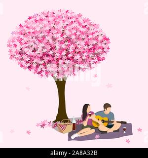 Couple dessinés à la main, un pique-nique sous l'arbre en fleurs, Rose Sakura hanami concept, vector Illustration de Vecteur