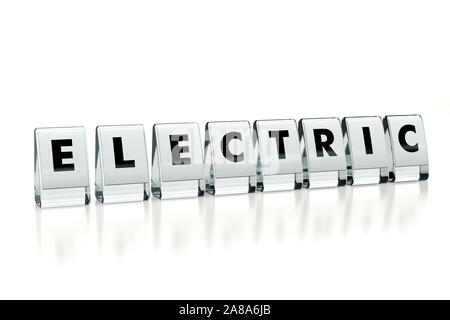 ELECTRIC mot écrit sur blocs brillant isolé sur fond blanc. Les moteurs électriques devient de plus en plus populaire avec chaque année - concept. Illustration pour Banque D'Images