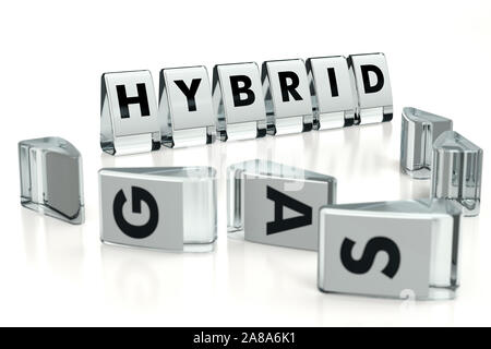 Mot hybride écrit sur des blocs de papier glacé et chuté au blocs flou en premier plan avec des lettres de gaz. La technologie hybride de tempête alors que les moteurs essence un Banque D'Images