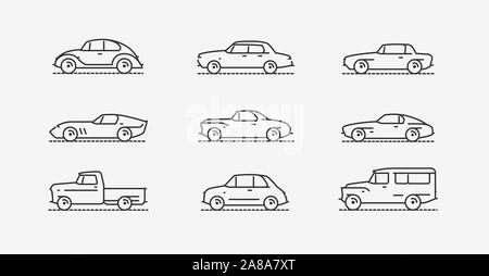 Ensemble d'icônes rétro-automobiles. Symbole de transport de style linéaire. Illustration vectorielle Illustration de Vecteur