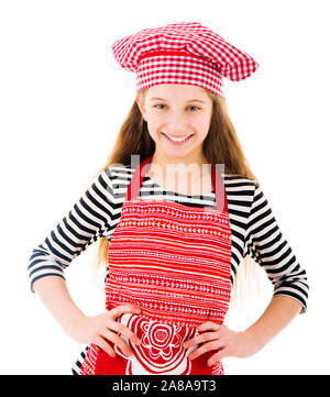 Petite fille en rouge uniforme chef smiles Banque D'Images