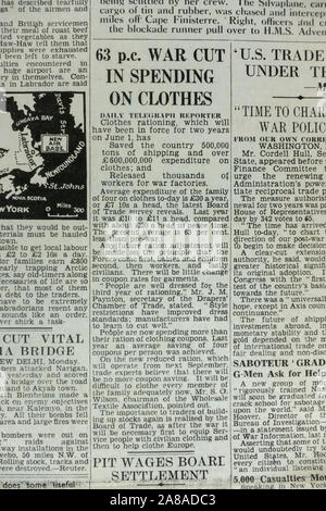 L'article signalé la sauver du rationnement de l'habillement dans le Daily Telegraph (réplique), 18 mai 1943, le lendemain de la Dam Busters raid. Banque D'Images