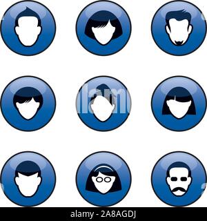 Ensemble de boutons bleus pour le web. Des têtes humaines et des silhouettes. Les relations interpersonnelles et la communication. Vector Illustration contour et d'icônes. Illustration de Vecteur