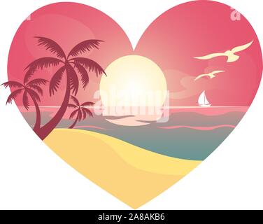 Paysage plage cardiaque, avec des oiseaux blancs et bateau à voile. Le coucher du soleil, le lever du soleil. Vector illustration. Illustration de Vecteur