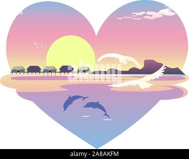 Coeur beach resort paysage, avec les oiseaux et les nuages blancs et bleus, des dauphins. Le coucher du soleil, le lever du soleil. Vector illustration. Illustration de Vecteur