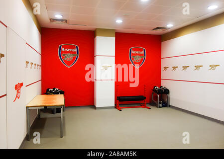 Londres, UK - OCT 5TH 2019 : La salle de sport sur l'affichage pour le public à l'Arsenal Emirates Stadium Tour. Banque D'Images