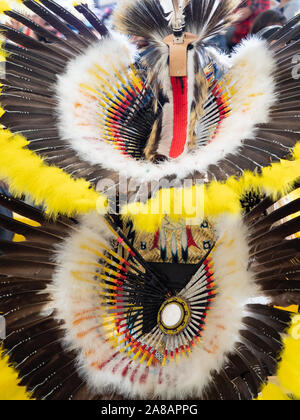 Jaune, marron et blanc coiffe de plumes et de l'animation portée par une Native American fancy dancer lors d'un pow-wow. Banque D'Images