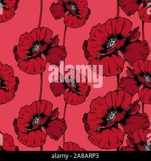 Fleurs coquelicots hand drawn seamless pattern. Stylo encre floral texture couleur. Illustration couleur des fleurs sauvages. Wildflower Field vintage dessin libre. Papier peint, papier d'emballage, le design textile Illustration de Vecteur