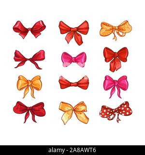 Przez télévision décoration illustrations vector set. Rouge, rose, des rubans jaunes isolé sur fond blanc. Polka Dot bowknot, branché filles accessoires. Vintage Cute hairstyle collection d'éléments Illustration de Vecteur