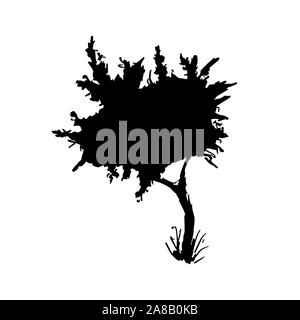 Peinture noire arbre silhouette vector illustration. Aquarelle dessin monochrome. La main de l'élément de conception botanique isolé sur blanc. Arbre silhouette stylisée avec de l'encre noire les éclaboussures et les blobs Illustration de Vecteur