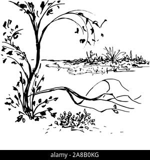 Nature Paysage noir vector hand drawn illustration. Décor oriental traditionnel avec l'arbre. Dessin peinture botanique dans le style japonais. Scène tranquille, paisible nature composition Illustration de Vecteur