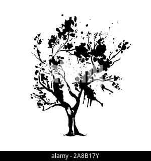 Tree in Japanese style vector illustration. Dessin à l'encre d'orient créatif de la nature. Conception botanique élément isolé sur blanc. Silhouette d'arbre stylisé avec des éclaboussures de peinture noire Illustration de Vecteur