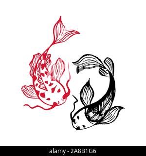 Deux poissons Koi Carp japonais isolé sur fond blanc. Couple de poissons asiatiques dans un style traditionnel. Logo Design pour Restaurant Sushi Menu. Thème Yin Yang Illustration de Vecteur