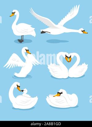 Cygne blanc eau aile animaux oiseaux élégance Grace Set, vector illustration cartoon. Illustration de Vecteur