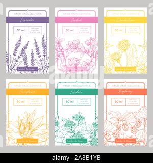 La cosmétique fait main hand drawn vector set modèles d'emballage. La marque des produits de beauté naturels, de l'identité de conception. Soin Eco aux herbes ingrédients biologiques. Fleurs sauvages avec typographie Illustration de Vecteur