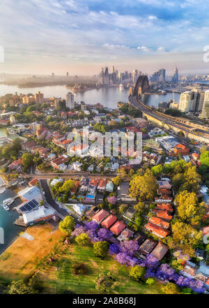 Résidentiel local rue verdoyante à Kirribilli banlieue riche de Sydney au printemps quand jacarandas en fleurs. Panorama vertical de l'antenne locale de Banque D'Images