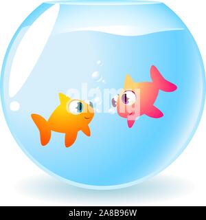 Poissons Poissons rouges dans l'amour de sourire et de regarder les uns les autres, avec de nombreuses bulles d'air entre eux vector illustration. Illustration de Vecteur